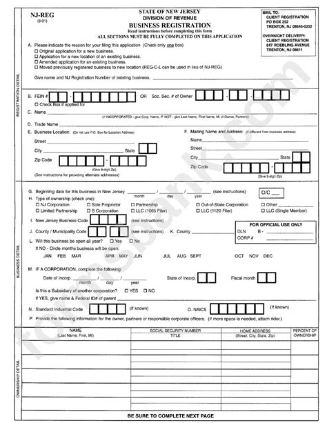 Form Nj-Reg - Business Registration printable pdf download