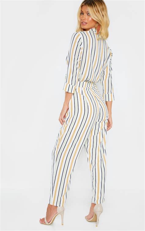 Sage Green Stripe Tie Front Jumpsuit Prettylittlething