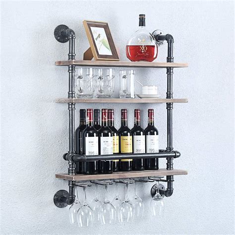 Industrial Pipe Shelf Wine Rack Wall Mounted With 5 Stem Glass Holder 3 Tiers Rustic