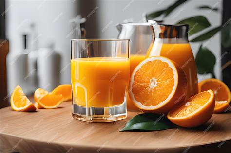 Premium AI Image | Fresh orange juice in glass cup next to a sliced ...