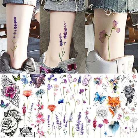 Yuran Ankle Flora Cherry Lavender Flash Fake Waterproof Tattoos Temporary Women Arm Chest Tattoo