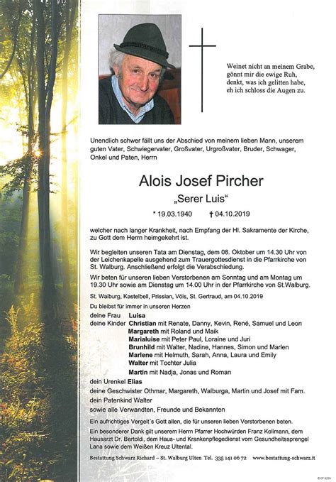 Alois Josef Pircher aus Ulten TrauerHilfe it das Südtiroler