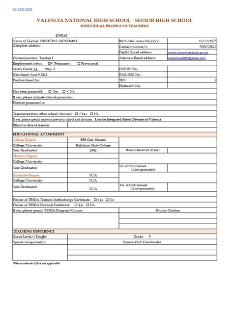 Individual Profile of Teachers Template 1 | PDF