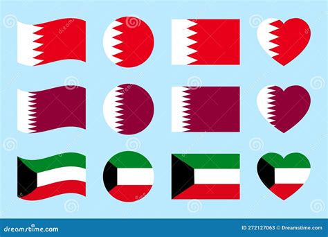 Bahrain Kuwait Qatar Flags Vector Illustration Bahrani Kuwaiti