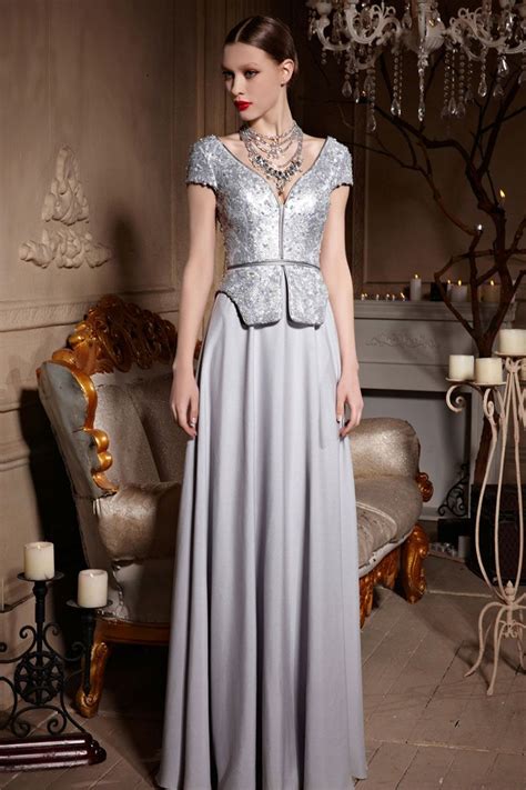 Dressesmall Silver Gray V Neck Cap Sleeves Sequins A Line Long Formal