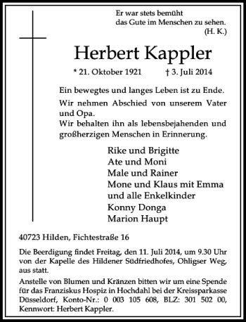 Alle Traueranzeigen für Herbert Kappler trauer rp online de