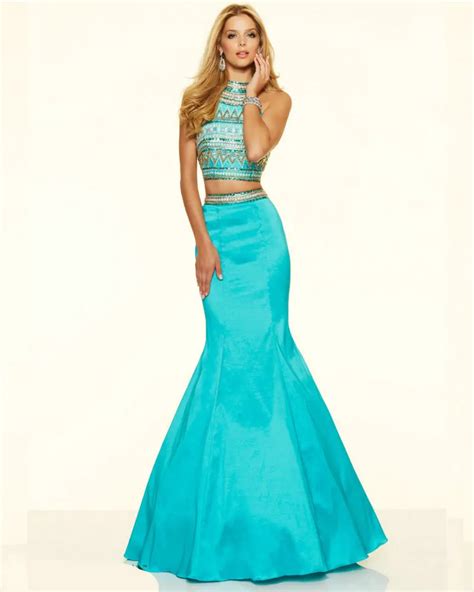 Style 98105 Neon Pink Satin Party Dresses High Neck Blue Mermaid Prom Dress Two Pieces Long