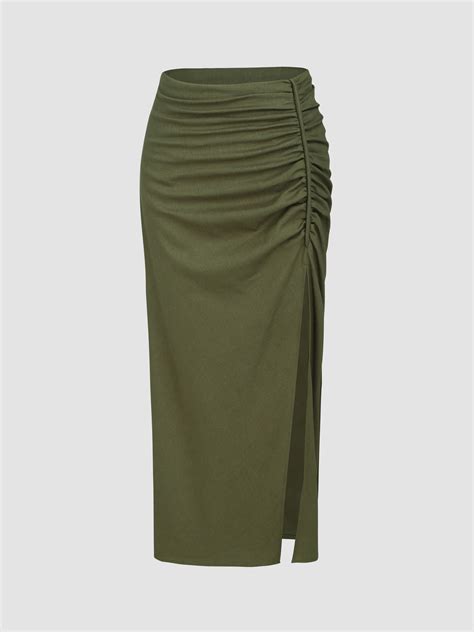 Ruched Solid Split Skirt For Date Exhibition Vacation