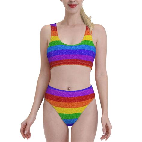 Lukts Women High Waisted Bikini Set Colorful Glitter Rainbow Swimsuit 2