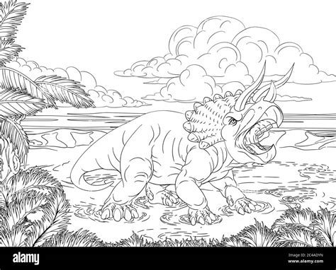 Dinosaur Triceratops Scene Coloring Book Page Stock Vector Image Art