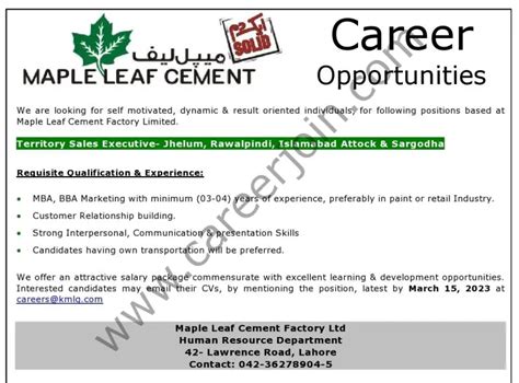 Maple Leaf Cement Factory Ltd Jobs Territory Sales Executive