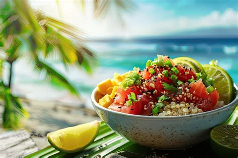 Vercion Of Hawaiian Tuna Poke Bowl With Quinoa Tropical Background