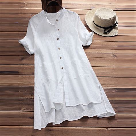 Vintage Women Button Linen Cotton Blouse Tunic Tops Short Sleeve Long