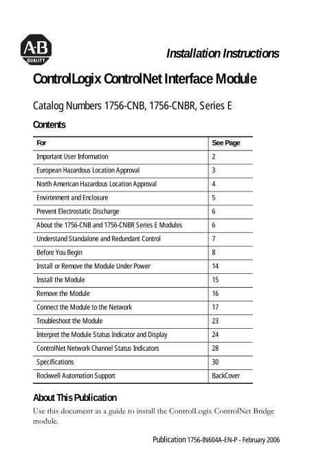 Pdf Controllogix Controlnet Interface Module Installation