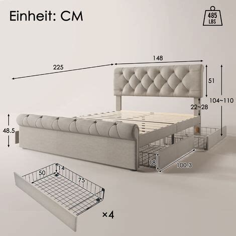 Gepolstertes Doppelbett X Cm Bettkasten Mit Schubladen Natur