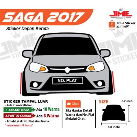 Sticker Kereta Proton Saga VVT 2016 2017 1pcs Depan Boleh Tukar Warna