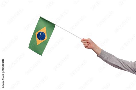 Hand Holding Brazil Flag Isolated On White Background Ordem E