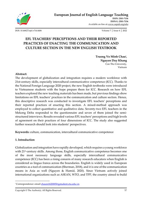 Pdf Efl Teachers Perceptions And Their Reported Practices Of