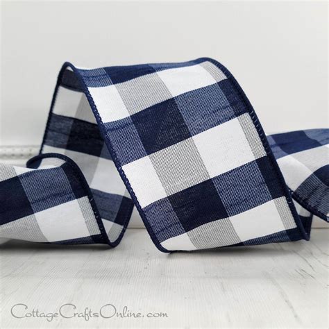 Navy Blue And White Check Faux Silk Dupioni Wired Ribbon Wide Ten