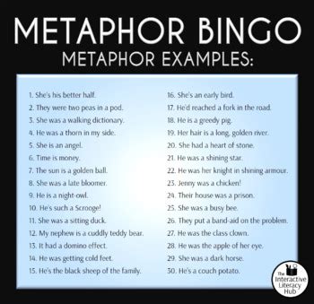 Metaphor PowerPoint Games - Bingo games with examples of metaphors in ...