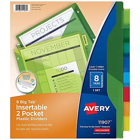 Avery Big Tab Insertable Plastic Dividers Double Pocket Multicolor 8