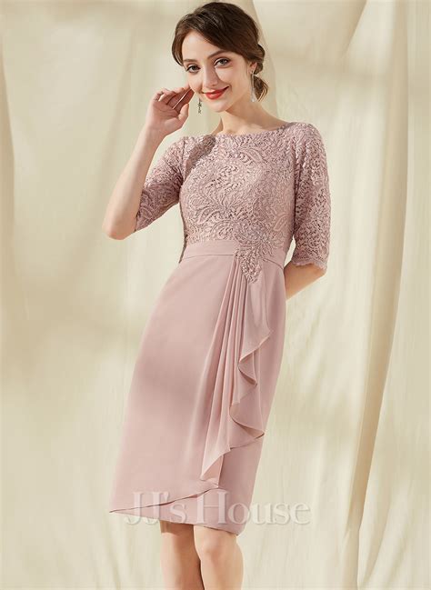 Sheathcolumn Scoop Neck Knee Length Chiffon Lace Cocktail Dress With Beading Cascading Ruffles