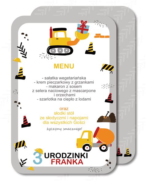 Menu Na Urodziny Auta Na Budowie Personalizowane Szt Minimundo