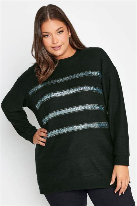 Curve Plus Size Black Glitter Stripe Print Soft Touch Long Sleeve Top