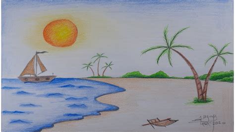 رسم شاطئ البحر | منظر طبيعي || how to draw A Sea Beach Scenery - YouTube