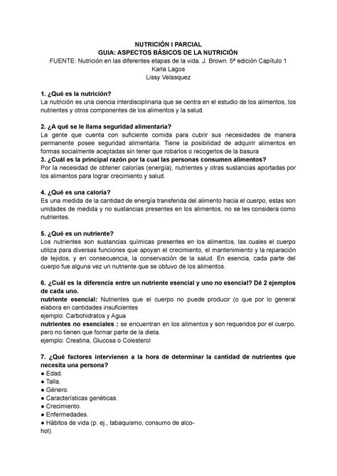 Guía Nutrición guia de preguntas de nutricion NUTRICIÓN I PARCIAL