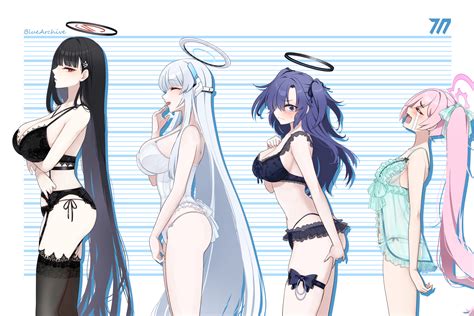 Black Hair Blue Archive Blue Hair Blush Bow Bra Breast Hold Breasts