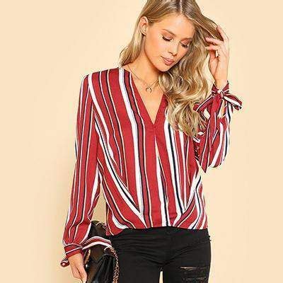 Multicolor V Neckline Striped Blouse Cute Shirts Blouses Red Blouses