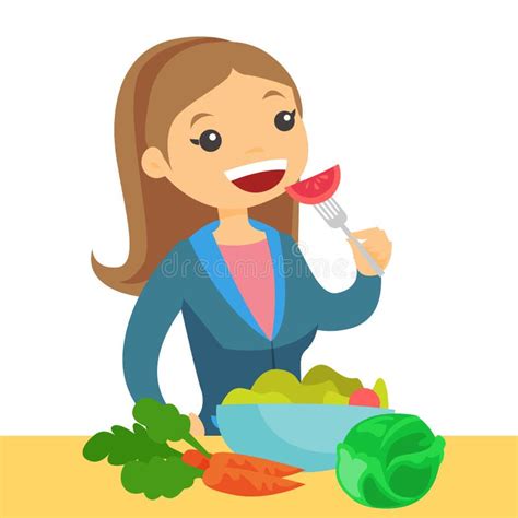 Caucasian Woman Eating Healthy Vegetable Salad Stock Vector