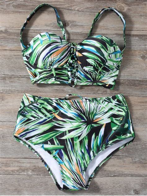 Lace Up Printed High Waist Bikini Set In Green L Zaful