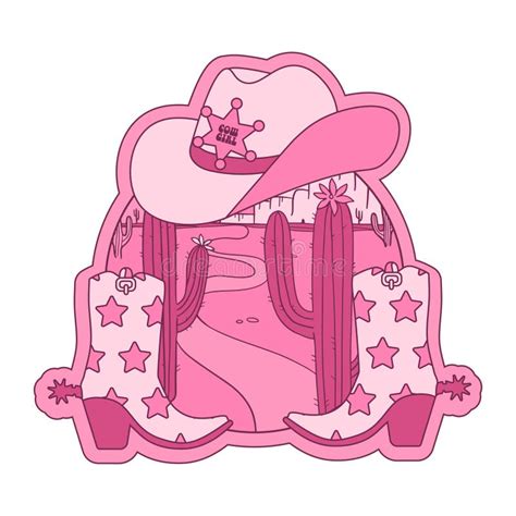 Retro Emblem With Pair Of Cowgirl Boots And Hat Pink Retro Concept With Cactus Desert Landscape