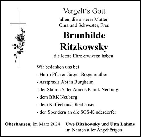 Traueranzeigen Von Brunhilde Ritzkowsky Augsburger Allgemeine Zeitung