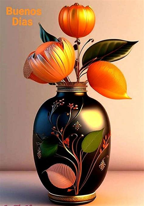 A Black Vase With Orange Flowers And Green Leaves On The Top Is Sitting