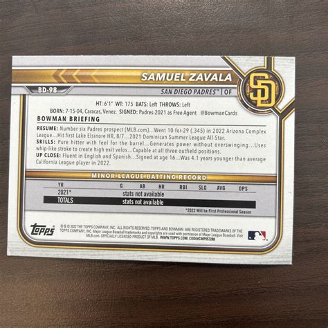 Samuel Zavala 2022 Bowman Draft AUTO IP SIGNED PADRES ROOKIE RC 98