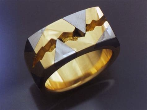 Gold And Gibeon Meteorite Inlay Mans Ring Metamorphosis Jewelry Design