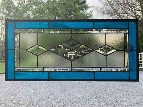 Honeydewglass Dark Turquoise Diamond Stained Glass Panel 115 X 235 Bevels Turquoise Blue