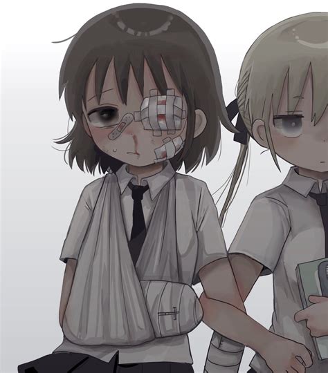 Safebooru Bandage Over One Eye Bandaged Arm Bandages Bandaid Bandaid On Face Bangs Black