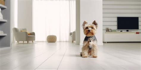 Un perro en una sala de estar con un sofá y una silla Foto Premium