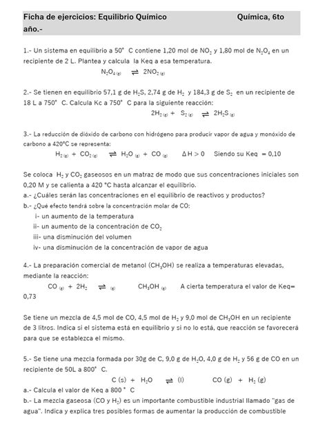 Ficha De Ejercicios Equilibrio 2020 Pdf Equilibrio Químico Amoníaco