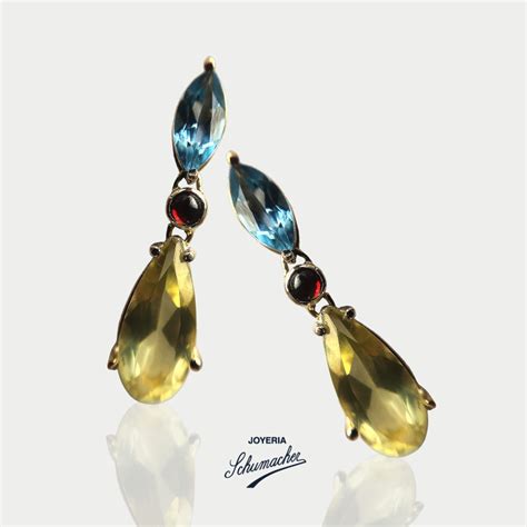 Aretes en oro amarillo con topacio granates y cuarzo limón Joyería