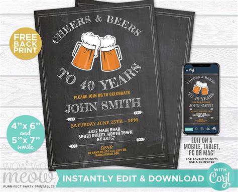 Cheers And Beers To 40 Years Invitation Chalk 40th Birthday Etsy