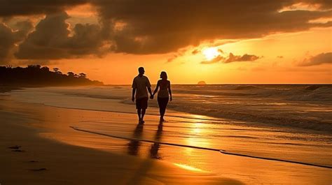 Una Pareja Paseando Por La Playa Al Atardecer Foto Premium