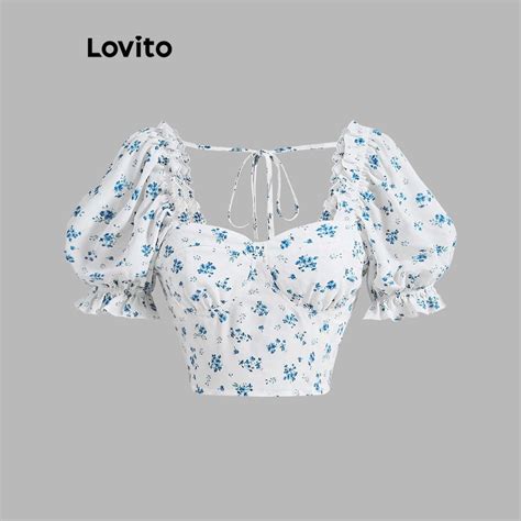 Lovito Casual Ditsy Floral Lettuce Trim Puff Sleeve Blouse For Women