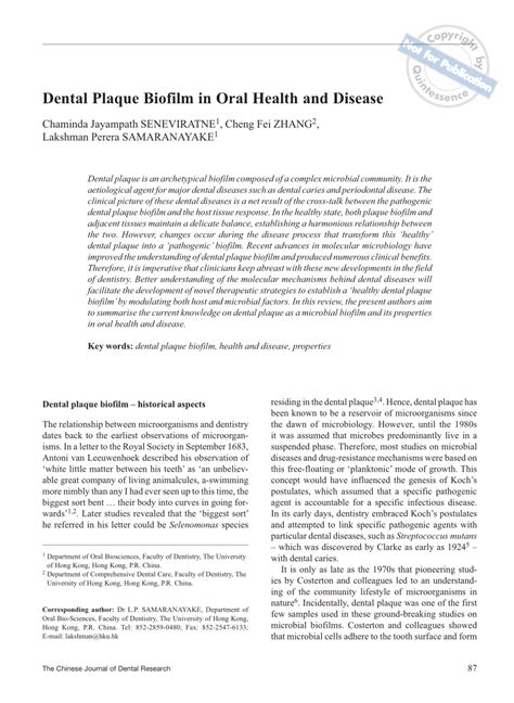 (PDF) Dental plaque biofilm in oral health and disease