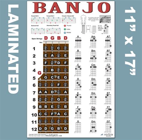 Laminated Banjo Chord Chart Poster Fretboard Grelly Belgi