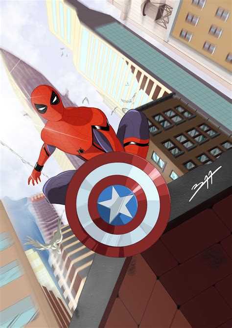 Spiderman With Captain America Shield Art Wallpaper HD Superheroes